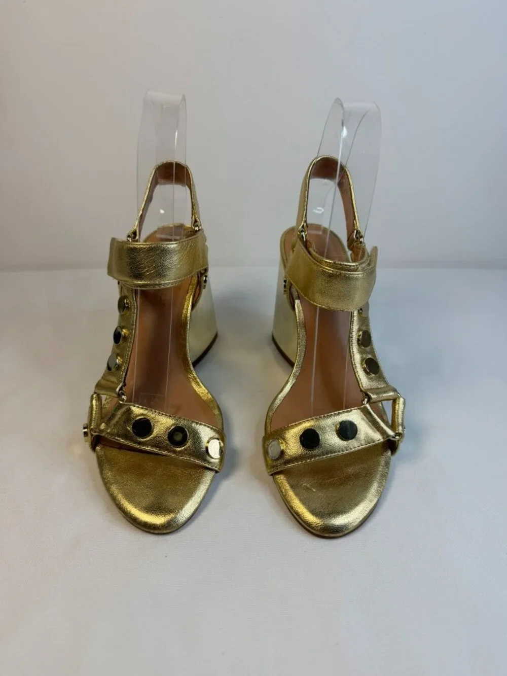 Halston Heritage Mica Sandal Womens Size 5.5M Gold & Bronze Studded Block Heel - Picture 2 of 15